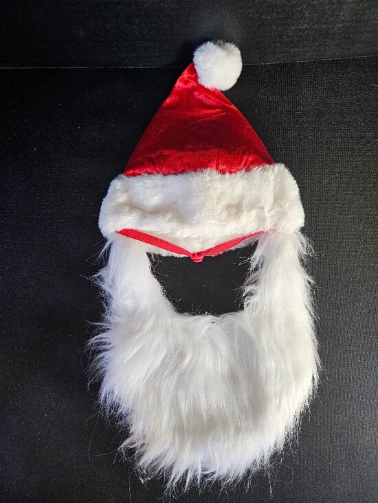 Pet Santa Claus Hat With Attached White Fur Beard Pet Christmas Hat - Picture 1 of 5